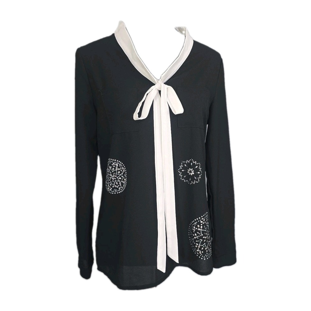 Desigual Women's Studded Long Sleeve Blouse Top Medium Black White Front Bow